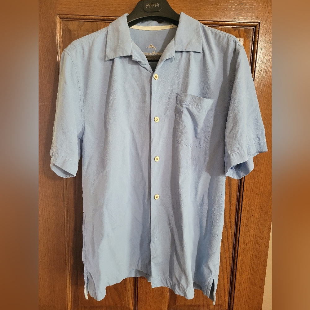 Tommy Bahama Mens Shirt Medium Blue Silk Blend Hawaiian Button Up Short Sleeve